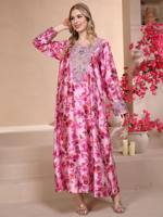 Abaya décontractée en satin à imprimé floral, broderie à la main, strass, manches longues, robe maxi modeste, Eid, Ramadan, mariage, adultes