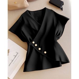 เสื้อเบลาส์คอวีติดกระดุมมุกสำหรับผู้หญิง - เสื้อเชิ้ตแฟชั่นแขนสั้นระบายชายเสื้อสไตล์ลำลองสำหรับใส่ทำงาน - Product Image 6