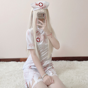 Costume d'infirmière sexy pour femmes, ensemble de robe de cosplay pour jeu de rôle, blanc avec motif croix rouge, manches courtes, style jupe - Product Image 1