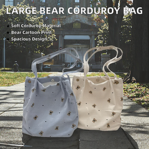 Sac à bandoulière portable en velours côtelé grande capacité pour femme, motif ours de dessin animé, avec deux sangles et doublure en polyester, sac fourre-tout pour étudiantes - Product Image 2