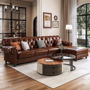 Set di Mobili in Legno Massello e Pelle in Stile Country Americano Retrò con 123 Combinazioni, Divano Chesterfield per Soggiorno con Imbottitura in Spugna - Product Image 2