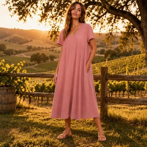 Robe Midi Décontractée en Coton Lavé Doux 180 GSM pour Femme, Col V Trapeze, Style Bohème California <span class=keywords><strong>Ranch</strong></span>, Vente en Gros, Logo Personnalisé OEM - Product Image 4