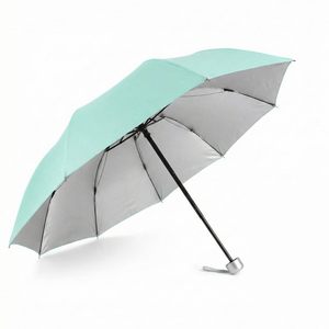 Parapluie pliant double usage soleil et pluie, avec logo imprimé, design créatif, trois sections, inversé, avec manche en caoutchouc argenté - Product Image 2