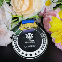 Logo personnalisé Médaille ronde Plaque en cristal Trophée de plaque en verre transparent avec support en métal