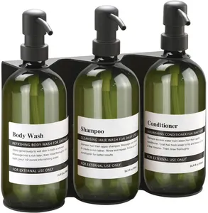 Distributeur de savon de couleur verte d'hôtel, triple distributeur de gel douche de shampoing pour savon avec support en acier inoxydable