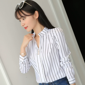 Nouvelles chemises blanches formelles pour femmes, imprimé rayé sur le devant, manches longues, chemises de bureau pour femmes, chemises OL, col montant fin, respirantes - Product Image 2