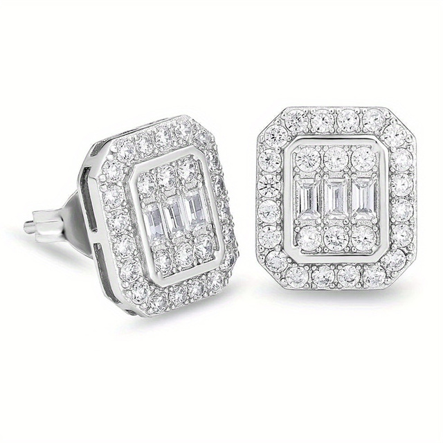 14k Gold Plated 5A+ Cubic Zirconia Iced Out Rectangle Earrings Hip Hop Push Back CZ Stud Earrings for Men Women
