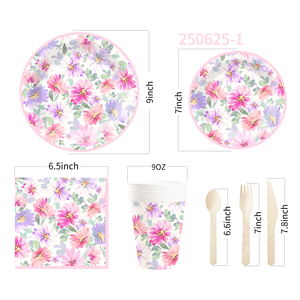 DAMAI - Juego de Vajilla Desechable con Diseño de Flores para Fiestas de Cumpleaños Infantiles, Incluye Platos de Papel, Servilletas y Mantel - Product Image 5