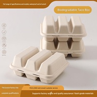 Boîte à tacos biodégradable de luxe blanche à usage unique avec couvercle, en bagasse de canne à sucre, avec logo personnalisé, 8x7x3 pouces, pack de 3 compartiments pour