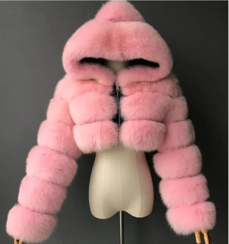 Nueva chaqueta de invierno para mujer, abrigo de piel de zorro de imitación con capucha, abrigo de piel falsa de estilo corto a la moda para mujer