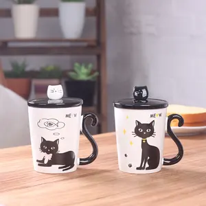 캐릭터 만화 고양이 꼬리 손잡이 세라믹 컵 뚜껑 스푼 학생 우유 음료 사무실 커피 컵 동물 고양이 세라믹 머그
