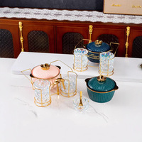 Chauffe-Plats de Luxe pour Buffet, Ensemble de Réchauds en Céramique Bleue en Forme de Citrouille avec Support Doré, Porte-Gobelets en Verre Cristal et Cuillères