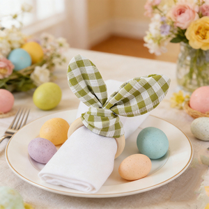 Accessoires de table pour le dîner de Pâques <span class=keywords><strong>et</strong></span> de la fête du printemps, lot de 6 décorations de table à carreaux pastel, anneaux de serviette <span class=keywords><strong>en</strong></span> <span class=keywords><strong>tissu</strong></span> écossais avec oreilles de lapin pour Pâques - Product Image 4
