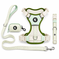 Harnais pour chien personnalisé imprimé en usine, collier de luxe vert pour animaux de compagnie, sac à déjections canines, laisse pour chien, ensemble de harnais respirant et réglable anti-étranglement pour chien
