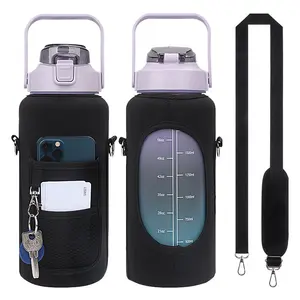 Hot gym half gallon 64 oz neoprene motivational time marker jug water bottle cover carrier holder sleeve bag with shoulder strap