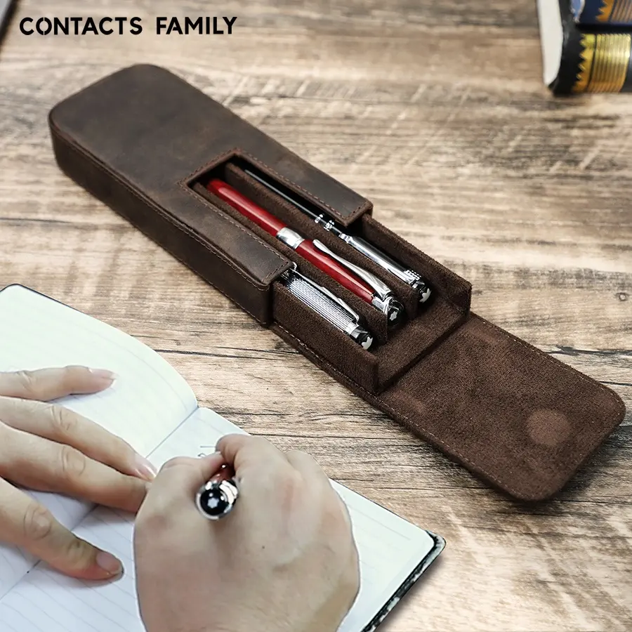 Luxury Office School Genuine Leather 3 Slots Pen Case Organizer With Removable Pen Tray Holder