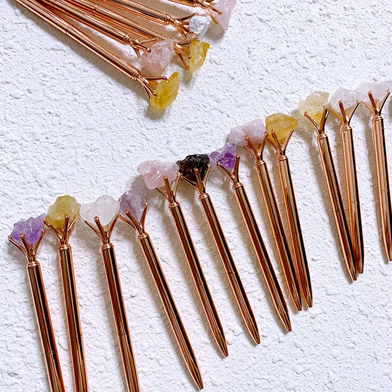 Plumas de cristal Natural sin procesar, pluma de amatista, oro rosa, cristal para escribir, venta al por mayor