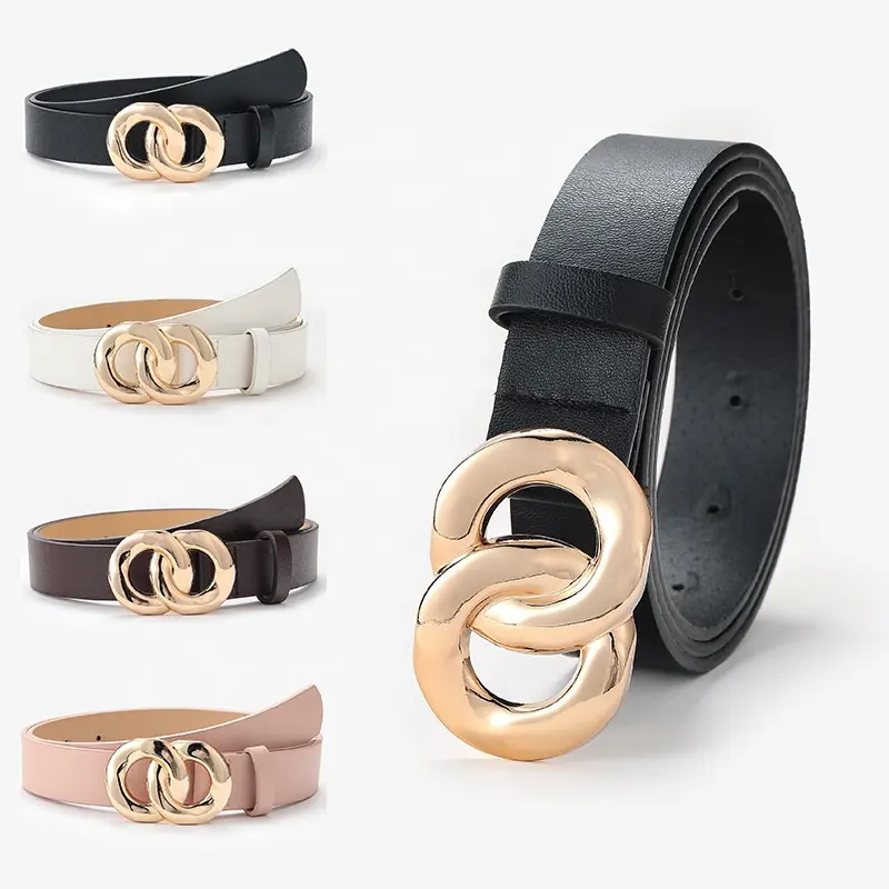 Super Quality Gold Double Circle Design Buckle Ladies High Fashion PU Women's Waist Chain Belt