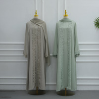 4 couleurs disponibles, robe Abaya musulmane modeste pour femmes, style Dubaï, dentelle perlée, ensemble 3 pièces, hijab intérieur, Ramadan, Eid