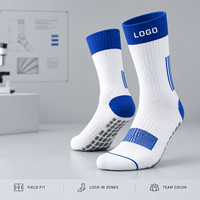 Chaussettes de football à logo et grip, blanches et bleu roi, pour le football en terrain, vente en gros, développement tricoté, inspection de la qualité