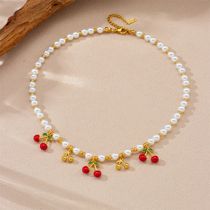 Cherry Pendant Beaded Necklace Women's Pearl Jewelry Everyday Wear Fruit Design N3345 - Product Image 3