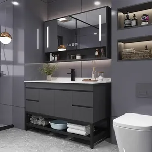 Meuble-lavabo <span class=keywords><strong>de</strong></span> <span class=keywords><strong>salle</strong></span> <span class=keywords><strong>de</strong></span> <span class=keywords><strong>bain</strong></span> gris sur pied en PVC, personnalisé en usine, avec plusieurs tiroirs, durable et résistant à l'humidité, avec vasque en céramique - Product Image 5