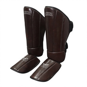 MIKEE Brown Leather Shin Guards Muay Thai Kickboxing Training Padded Leg Guards Hook Loop Closure - Product Image 3