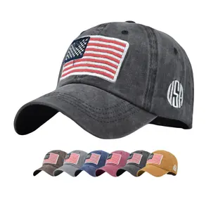 Vente en gros de chapeau de papa en coton lavé brodé du drapeau américain casquettes de baseball vintage non structurées avec drapeau américain