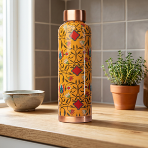 Thermos en métal à motif oriental, bouteille d'eau portable de voyage avec couvercle, garniture en cuivre, design jaune - Product Image 6
