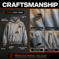 Sweat à capuche déchiré personnalisé de haute qualité pour homme, coupe ample, style streetwear, délavé effet boue, rétro grunge