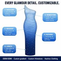 Robe longue moulante asymétrique sans manches à strass et froncée bleu dégradé pour femme, idéale pour les soirées, vente en gros, fabrication OEM