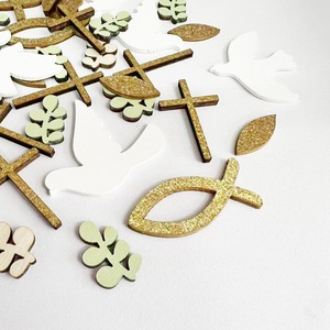 Décorations en <span class=keywords><strong>bois</strong></span> pour baptême, motif oignon doré, poisson, croix, feuilles, colombe, emballage mixte, artisanat de baptême, célébration de naissance - Product Image 3