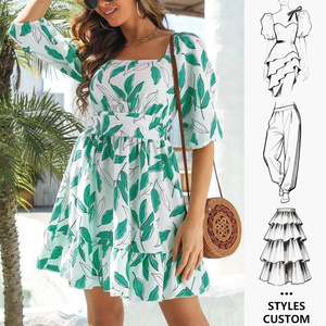 Đầm mini mùa hè boho tay phồng lưng trần, in họa tiết lá, kiểu dáng chữ A, thiết kế riêng cho khách hàng OEM. - Product Image 3