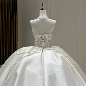 Robe de mariée romantique ivoire Xx111 avec col ras du cou orné de cristaux, robe de bal en satin et appliques en dentelle pour cérémonie religieuse formelle Jancember - Product Image 3