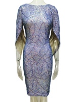 Robe de soirée élégante tropicale à épaules dénudées, coupe trapèze, bleue, ornée de paillettes et de pompons, longueur thé, taille basse, écologique