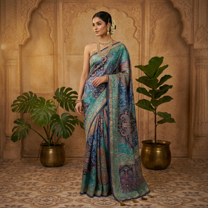 TENNECY Saree en Soie Chinon de Créateur avec Bordure Passepoilée, Pompons Latkan, Broderie Miroir Authentique, Réversible, Extensible, Infroissable, pour Soirée - Product Image 1