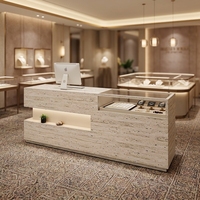 Comptoir de réception de bijouterie en placage de bois, comptoir de caisse avec vitrine, présentoir à bijoux et bureau d'accueil