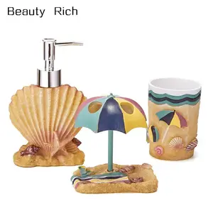 Beach Theme 3 Piece Resin Bathroom Accessory Set Soap Dispenser, Toothbrush Holder, Tumbler-for Man, Woman, Kids
