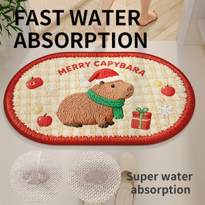 Alfombra de Baño Navideña Sally Capybara, Ovalada, de Poliéster Absorbente, Antideslizante, Diseño de Dibujos Animados para Decoración del Hogar - Product Image 3