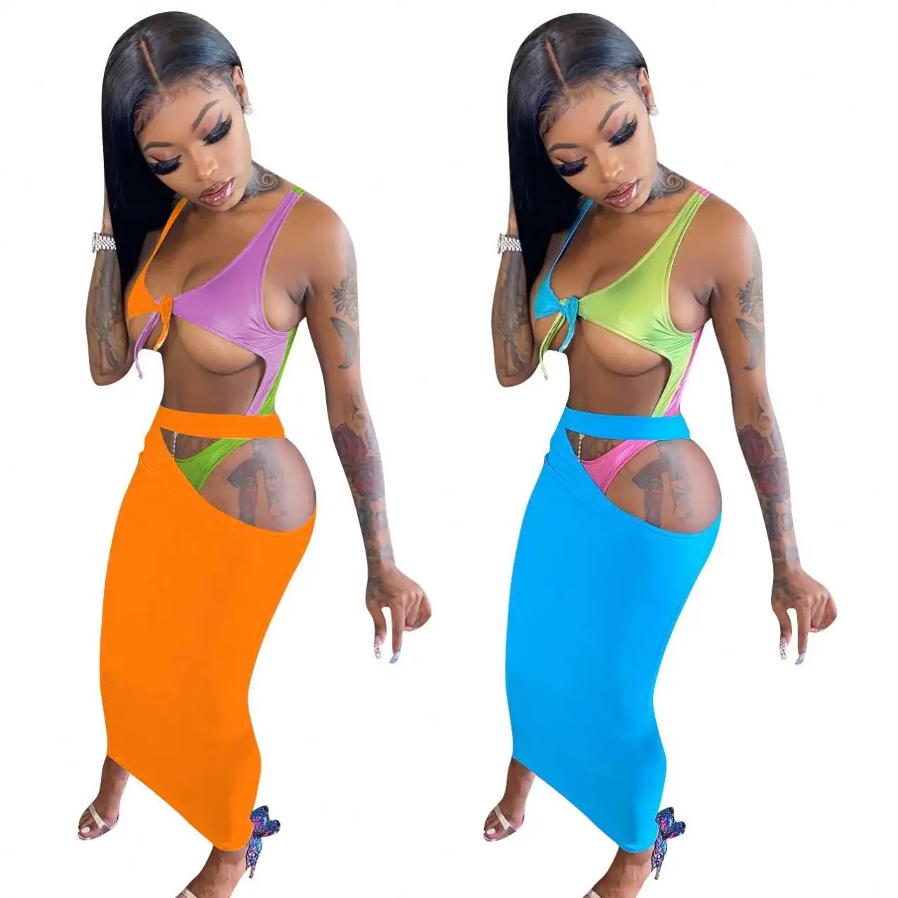 2023 women ladies sexy high quality contrast color one piece swimwear with maxi skirt