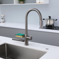 Robinet de cuisine commercial moderne classique en acier inoxydable 304 avec douchette extractible, monocommande, monotrou, eau chaude et froide