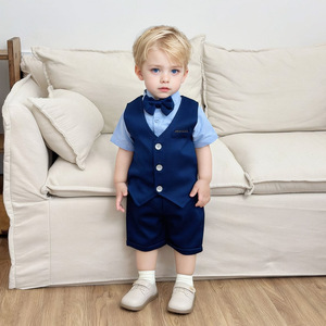 Ensemble trois pièces pour bébé garçon, style anglais, <span class=keywords><strong>short</strong></span> à manches courtes, couleur unie, été - Product Image 1