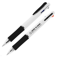 Stylo multi-encres Voyager personnalisé avec logo, blanc, à poussoir, pointe fine bleue, gravure laser, cadeau d'entreprise, vente en gros en vrac, modèle Elite Prime