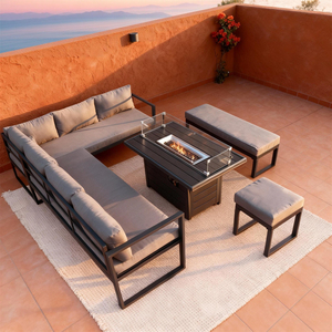 Conjunto de Sofá en Forma de L para Exteriores con Mesa para Fogatas, Color Personalizado, Estructura Metálica, Muebles de Comedor y Descanso para Exteriores Resistentes a la Intemperie - Product Image 1