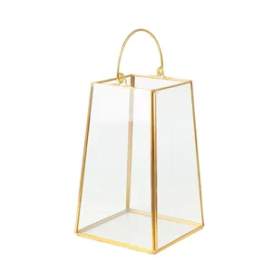 Lanterne vintage de Style japonais avec poignée, porte-bougie géométrique carrée, cadre en laiton, couleur or, en verre, porte-bougie