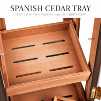Grand meuble vitrine à cigares en bois et verre avec 4 niveaux de plateaux en cèdre espagnol, hygromètre, serrure et clé, accessoires pour cigares