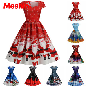 Vestido Midi Acampanado Estilo Vintage Navideño Meshin, Casual Europeo Americano con Cuello Redondo, Satén Estampado, Cintura Natural, Diseño de Dibujos Animados - Product Image 1