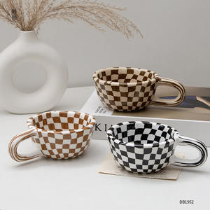 <b>Ceramic</b> Checkerboard Coffee <b>Mug</b> 101-200ml Reusable Gift For Women With Handle Dark Brown Light Brown Black DB1952 - Product Image 1