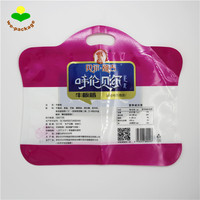 Sachet Doypack PET/AL/PE à poignée découpée, impression héliogravure, résistant à l'humidité, personnalisé pour l'emballage de 250g de snacks au tendon de bœuf