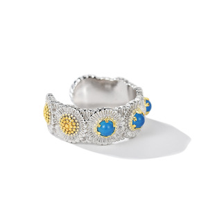 Blue Daisy Ring Gold Plated Two Tone Adjustable Unisex Jewelry Gift - Product Image 4